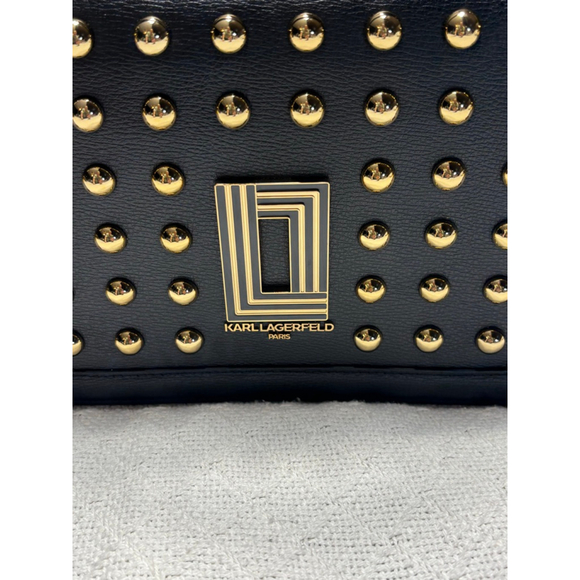 NWT Karl Lagerfeld Paris Simone Top Handle Black Leather Gold Studded Crossbody - Picture 4 of 11